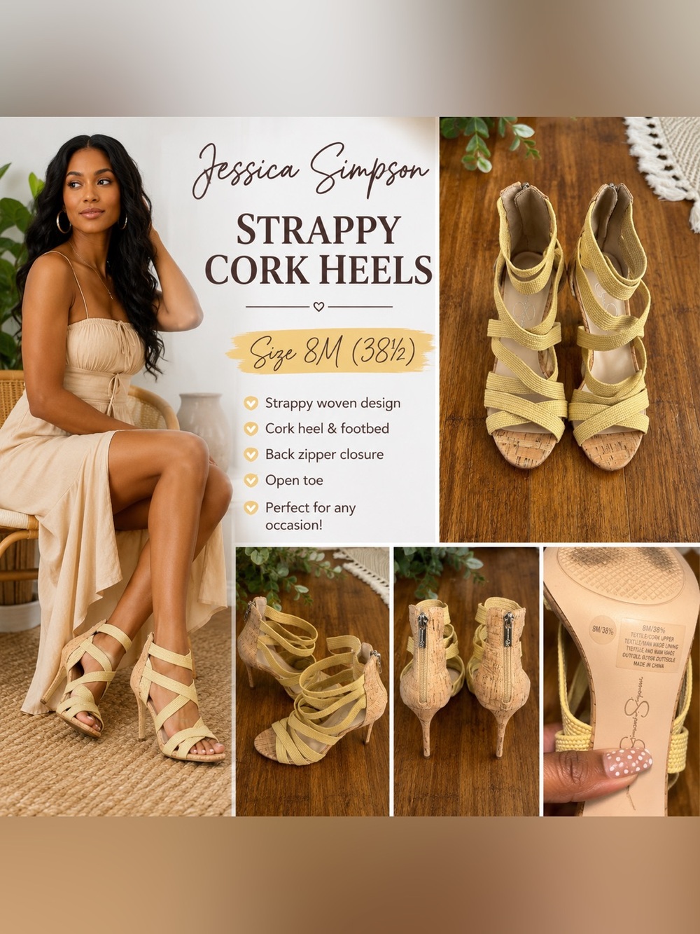 Jessica Simpson Cork Strappy Heels Sandals Yellow Beige Size 8M